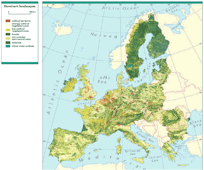 Figur 6-1 Arealanvendelsen i Europa. (Kilde: Corine, 2000, European Environmental Agency)