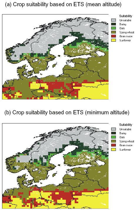 Figur 7-2 De to figurer viser "crop suitabitily" (afgrøde-egnethed) i det nordlige Europa baseret på data om temperatur (månedlige målinger fra 1961 - 1990). Fra Salonen, Bromand & Nistrup Jørgensen (Eds.), 2001.