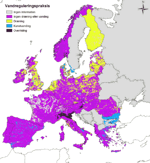 Figur 7-3 Dominerende vandreguleringspraksis i forbindelse med landbrugsdrift. (Kilde: The Soil Portal http://eusoils.jrc.it ), Soil & Waste Unit (Institute of Environment and Sustainability of the European Commission)).