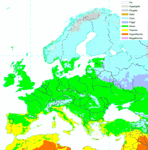 Figur 2-8 Jordtemperaturklasser i Europa. (Kilde: United States Dept. of Agriculture, Natural Resources Conservation Service, http://soils.usda.gov)