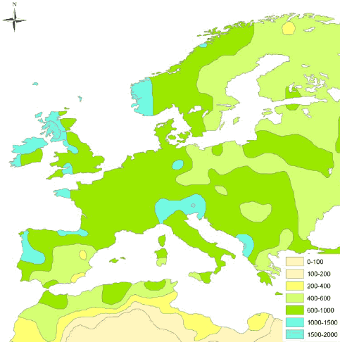 Figur 2-9 Årlig middelnedbør i Europa 1951-80. (Kilde: UNEP, Division of Early Warning and Assessment, Global Resource Information Database (GRID) - Europe, www.grid.unep.ch)