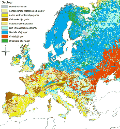 Figur 3-1 Geologiske forhold i Europa. (Kilde: The Soil Portal >http://eusoils.jrc.it, Soil & Waste Unit (Institute of Environment and Sustainability of the European Commission))
