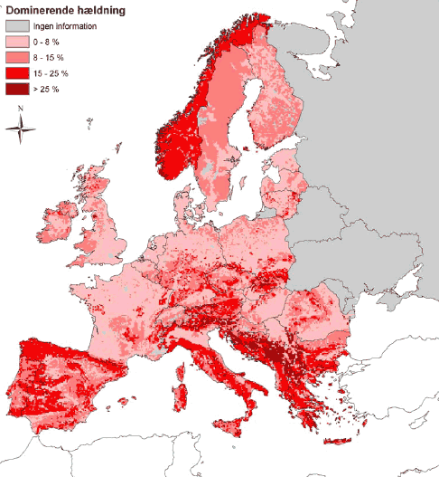 Figur 3-2 Dominerende hældninger i Europa. . (Kilde: The Soil Portal http://eusoils.jrc.it, Soil & Waste Unit (Institute of Environment and Sustainability of the European Commission))