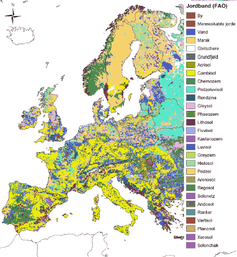 Figur 3-4 Jordtypefordelingen i Europa. (Kilde: The Soil Portal http://eusoils.jrc.it ), Soil & Waste Unit (Institute of Environment and Sustainability of the European Commission))