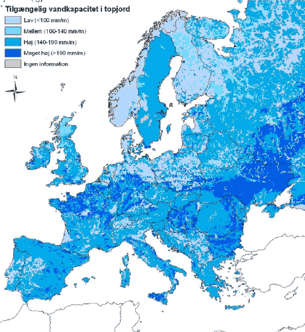 Figur 3-6 Plantetilgængeligt vand i topjorden i Europa. (Kilde: The Soil Portal http://eusoils.jrc.it ), Soil & Waste Unit (Institute of Environment and Sustainability of the European Commission)).