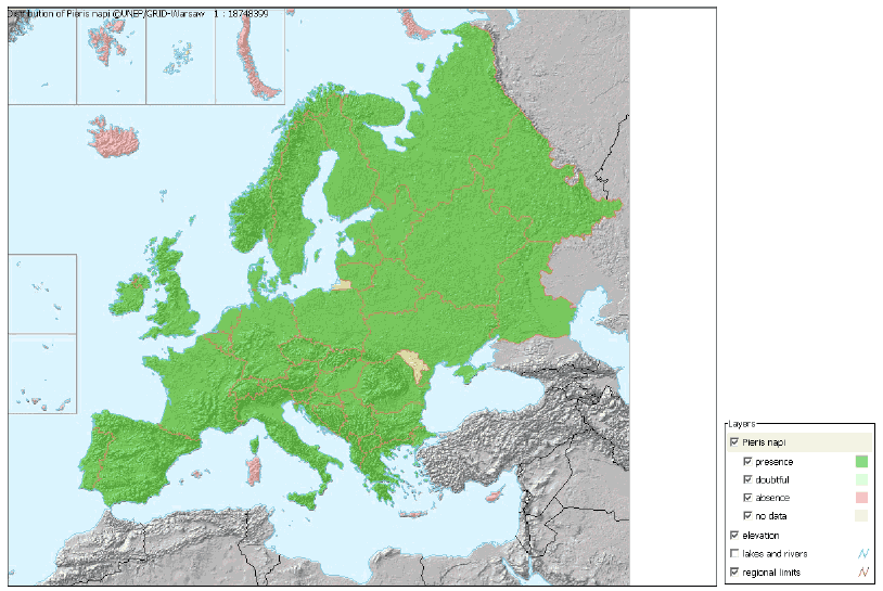 Figur 4-11 Grønåret kålsommerfugls udbredelse i Europa.(Kilde: UNEP/GRID-Warsaw)