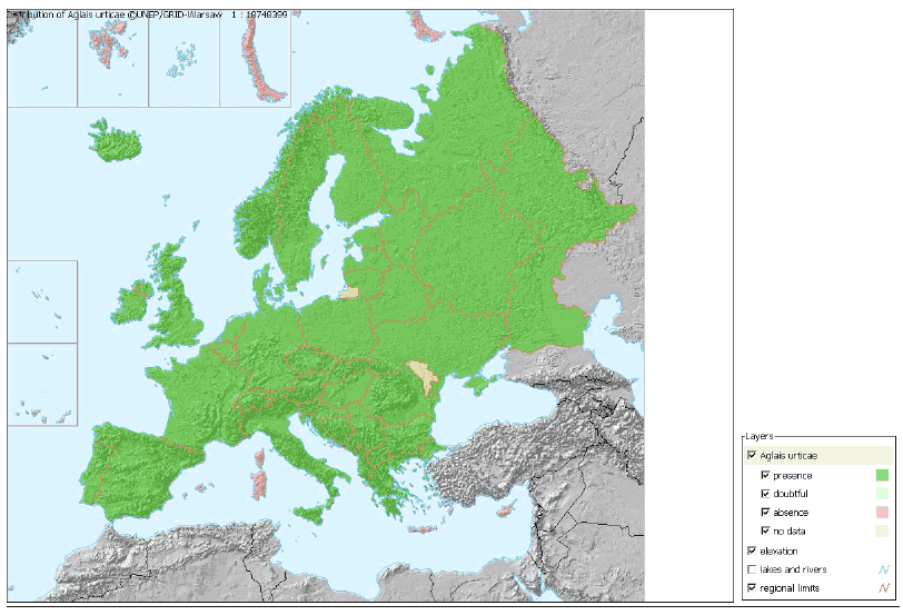 Figur 4-12 Nældens takvinges udbredelse i Europa.(Kilde: UNEP/GRID-Warsaw)