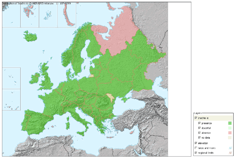 Figur 4-13 Dagpåfugleøjes udbredelse i Europa.(Kilde: UNEP/GRID-Warsaw)