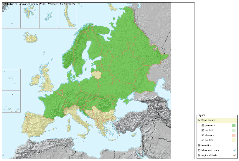 Figur 4-5 Spidssnudet frøs udbredelse i Europa.(Kilde: UNEP/GRID-Warsaw)