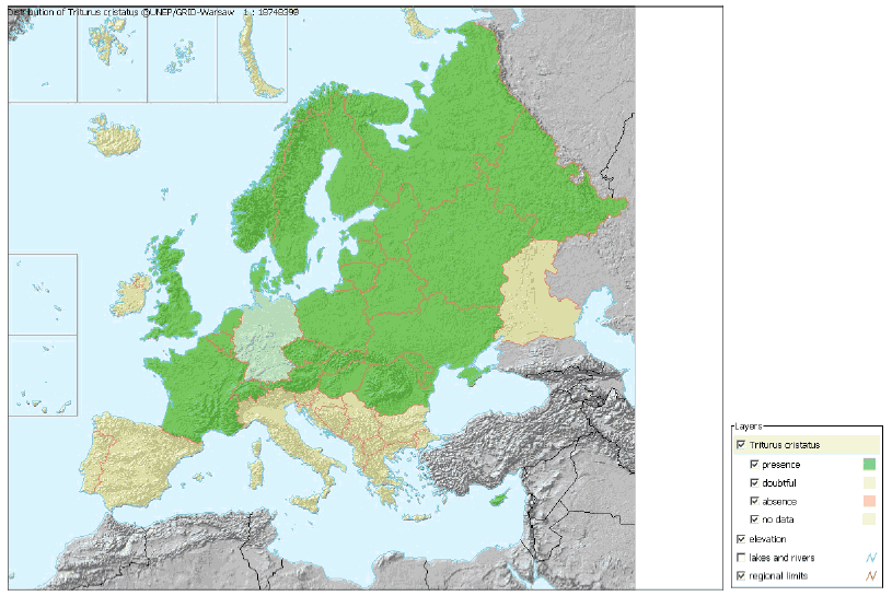 Figur 4-6 Stor vandsalamanders udbredelse i Europa.(Kilde: UNEP/GRID-Warsaw)
