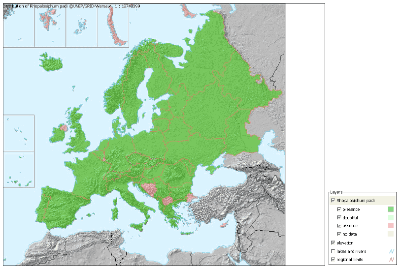 Figur 4-9 Kornbladlusens udbredelse i Europa.(Kilde: UNEP/GRID-Warsaw)