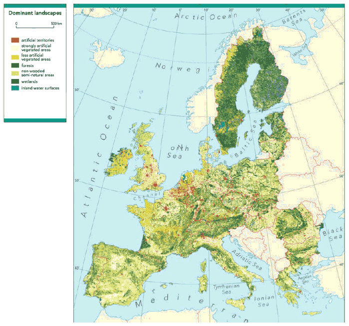 Figur 5-2 Arealanvendelsen i Europa. (Kilde: Corine, 2000, European Environmental Agency)
