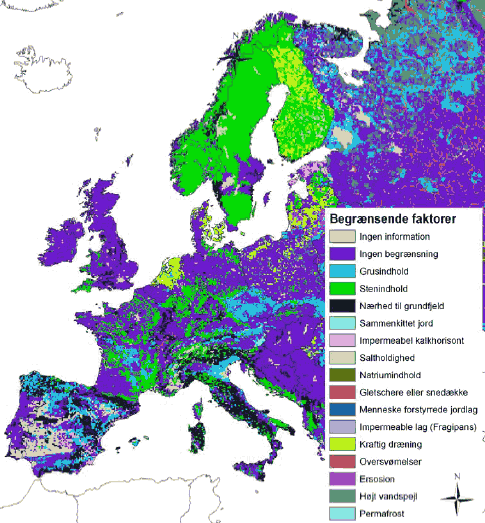 Figur 5-3 De mest betydende begrænsende naturlige faktorer i dyrkningsunderlaget for landbrugsdrift i Europa. (Kilde: The Soil Portal http://eusoils.jrc.it, Soil & Waste Unit (Institute of Environment and Sustainability of the European Commission))