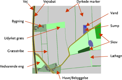Figur 2. Udsnit af det digitaliserede landskabsmodel, med angivelse af selvstændigt definerede polygontyper (habitater).