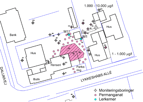 Figur 4.2: Udbredelse af permanganat 3 måneder efter etablering. Placering af moniteringsboringer og Geoprobe boringer med udtagelse af lerkerner.