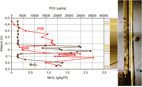 Figur 4.6: PCE og MnO2 profiler for M11 k3 udtaget fra den uforvitrede zone. Farve og geologi af kernen er illustreret til højre ved siden af et foto af den udtagne kerne.