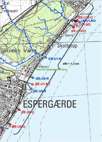 Figur 10-6. Opgørelse af punktkilder i nærheden af badestranden ”nord for Espergærde havn”. Uanset om strømmen er syd- eller nordgående er der væsentlige punktkilder indenfor relativt kort afstand af badestrandene. Punktkilderne er separate regnudledninger (ØE-U8-R, ØE-U9-R, EB-U1-R) og udledninger af opspædet eller renset spildevand (ØE-U5-O, ØE-U6-O, ØE-u1-SO).