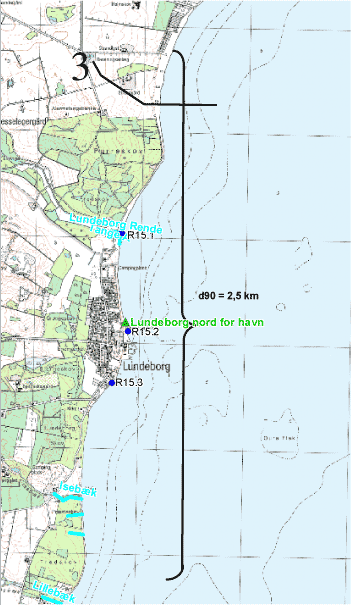 Figur 10-7. Opgørelse af punktkilder til (oo)cyster i nærheden af badestranden ”Lundeborg nord for havn. Der er kun få punktkilder i form af separate regnudledninger (R15.3, R15.2, R15.1). de mange bække kan dog medføre en væsentlig risiko for tilførsel af (oo)cyster.