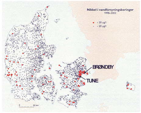 Figur 1. Geografisk fordeling af indvindingsboringer med nikkelindhold over 20 µg/l. Figuren viser endvidere placeringen af feltlokaliteterne ved Tune og Brøndby, der er omtalt i teksten. (Modificeret efter GEUS (2004)).