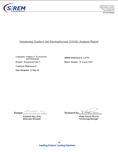 Denaturing Gradiebt Gel Electrophoresis (DGGE) Analysis Report - side 1