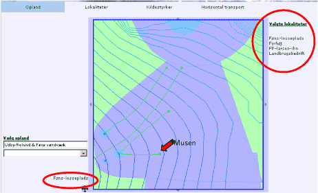 Figur 6.6: Skærmbillede af opland. Ved klik på den grønne lokalitet fremkommer lokalitetsnavnet til venstre for kortet.