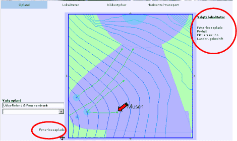Figur 5.4 Skærmbillede, der viser at, ved klik på den grønne lokalitet fremkommer lokalitetsnavnet til venstre for kortet.