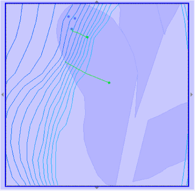 Figur 5.5 Opland med centerlinier som rammer henholdsvis en indvindingsboring og kanten af oplandsgrænse.