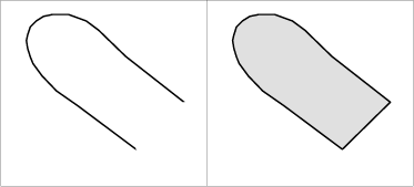 Figur 2.1: De oprindelige polylinjer repræsenterende vandværksoplande er vist i figuren til venstre og er af NIRAS ændret til de lukkede polygoner (en lukket flade) som vist til højre.