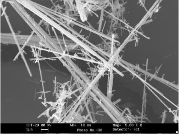 Figur 1: SEM-billede af asbestfibre taget ved en forstørrelse på 5.000 gange.