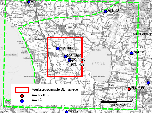 Figur 2: Potentielt værkstedsområde ”St. Fuglede” (rød) - Placering i forhold til St. Fuglede grundvandsmodelområde (grøn)