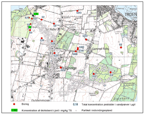 Figur 2.2 Området omkring Fåregård kildeplads: partikelbanemodel og pesticidfund