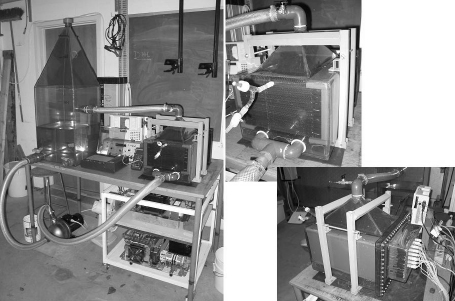 Figur 3.2 Billeder af pilotskalareaktoren. Til venstre er vist den samlede opstilling incl. buffertank, mens de 2 billeder til højre viser reaktorenheden.