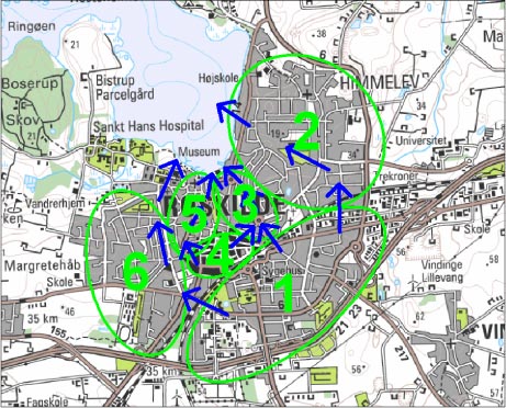 Figur 1: Kort over Roskilde by med zoner og hovedafstrømningsretninger for regnvandet.