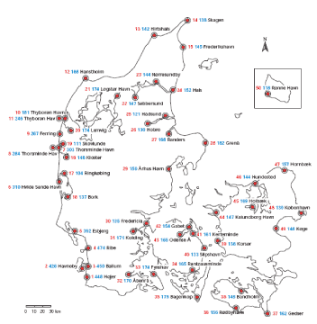 Figur 2: Vandstandsstationer i Kystdirektoratets højvandsstatistik 2002 (Kystdirektoratet, 2002). Angivelserne på kortet er stationsnummer, 50 års middeltidshændelse og stationsnavn.