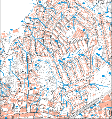 Figur 3 Analyse af den mere detaljerede afstrømning i et udsnit af Roskilde by. De blå streger betegner lokale grøfter og de blå punkter lokale lavninger i terrænet. Kortet er udarbejdet automatisk på baggrund af en laserscanning fra overflyvning af byen. Der kan derfor være områder, hvor der i praksis ikke er risiko for oversvømmelser, f.eks. fordi der er en effektiv afdræning af området, som ikke kan ses på en laserscanning.