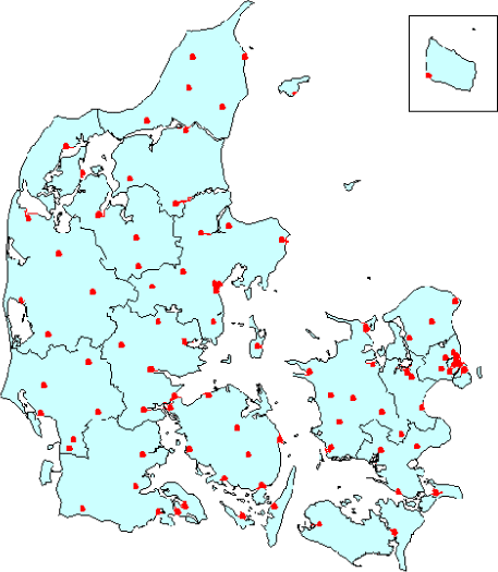 Figur 5.1.1 Geografisk placering af 78 danske hospitaler i 1998 (SST, 2006a).