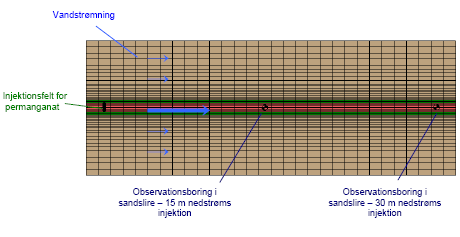 Figur 5-0: Afgrænsning af model sammen med 2 observationspunkter hvorfra gennembrudskurver er udtaget, samt placering af cellerne hvor permanganat tilføres.