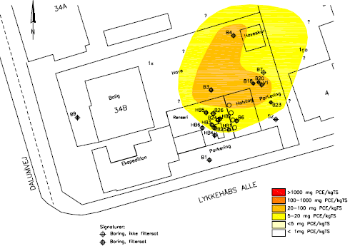 Figur 2.4: Situationsplan, jordforurening omkring kildeområdet (optegnet efter originalmateriale /ref. 1-ref. 7/)