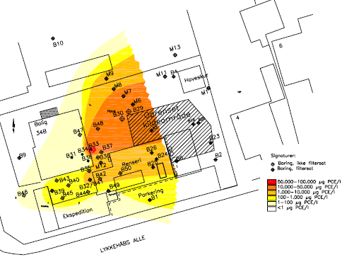 Figur 2.7: Situationsplan, grundvandsforurening, nyt kildeområde (modificeret efter originalmateriale /ref. 16/)