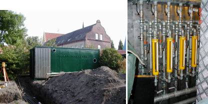 Foto 4.4 og 4.5 Placering af behandlingscontainer i baggården til Grønnegade 41 (venstre) samt indretning af manifold til vakuumekstraktion og airsparging