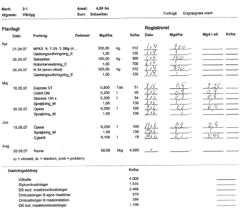 Figur 2. Eksempel på sprøjtejournal for en mark med vårbyg. Landmanden har selv noteret dato for behandling og forbrugt mængde som noter i dyrkningsvejledningen.