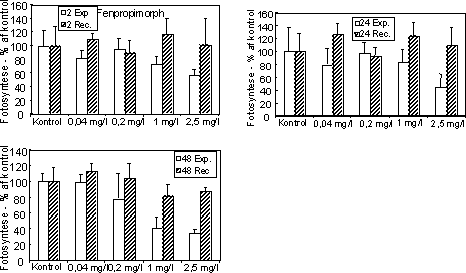 Figur 13. Fotosynteseaktivitet af bentiske mikroalger efter eksponering til azoxystrobin (venstre kolonne) og fenpropimorph (højre kolonne). Søjlerne angiver den gennemsnitlige aktivitet (95 % konfidensgrænse) i procent af den korresponderende kontrol efter eksponering (hvide søjler) i 2 (øverst), 24 og 48 (nederst) timer samt efter 48 timers periode i rent vand (skraverede søjler).
