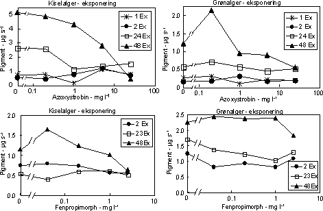 Figur 14. Effekt af azoxystrobin (øverst) og fenpropimorph (nederst) på biomassen af kiselalger (venstre) og grønalger (højre) ved forskellig eksponeringsvarighed (1, 2, 24 og 48 timer). Værdierne angiver et gennemsnit af 3 replikater.