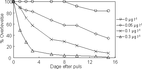Figur 27. Overlevelse af unger frigivet efter en 1-times pulseksponering af forældrene ved følgende koncentrationsniveauer af esfenvalerat: 0, 0,05, 0,1 og 0,3 µg l-1