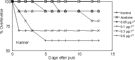 Figur 31. Overlevelse af reproducerende voksne G. pulex forstyrret fra præcopula ved separation og pulseksponering (1 time) til esfenvalerat ved følgende koncentrationer: 0, 0,05, 0,1, 0,3 og 0,6 g l-1. Der blev desuden anvendt en acetonekontrol. Hanner