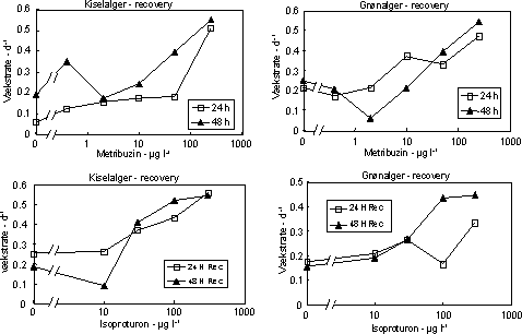 Beregnede vækstrater af kiselalger (venstre) og grønalger (højre) efter eksponering til metribuzin (øverst) og isoproturon (nederst) i 2, 24 og 48 timer og efterfølgende ophold i rent åvand i 48 timer. Vækstraterne er beregnet som: ln(CR/C0)/t, hvor CR er algernes koncentration efter 48 timer i rent vand og C0 er koncentrationen efter eksponeringsperioden; t = recoveryperiodens længde (2 dage).