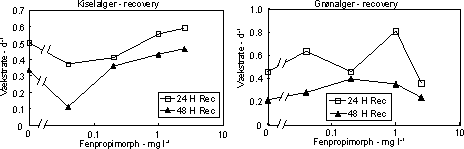 Beregnede vækstrater af kiselalger (venstre) og grønalger (højre) efter eksponering til fenpropimorph i 24 og 48 timer og efterfølgende ophold i rent åvand i 48 timer. Vækstraterne er beregnet som: ln(CR/C0)/t, hvor CR er algernes koncentration efter 48 timer i rent vand og C0 er koncentrationen efter eksponeringsperioden; t = recoveryperiodens længde (2 dage).