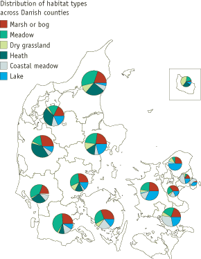 Distribution of habitat types across Danish counties