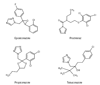 Figure 1 - Chemical structures of the four azole fungicides: epoxiconazole, prochloraz, propiconazole, and tebuconazole.