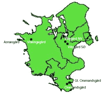 Figure 2.1. Mapped locations of the six study farms in Zealand in Denmark.